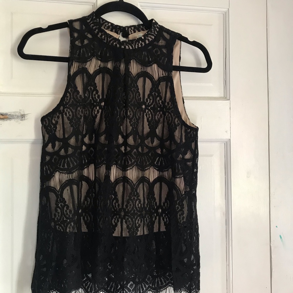 Mock Neck Lace Tank Top - Black